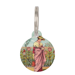 Placa Para Mascotas Arte Antiguo Mujer Flor Creciente Jardín