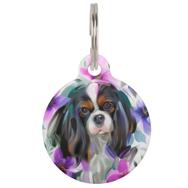 Placa para mascotas | Arte de Cavalier Tricolor "A (Anverso)