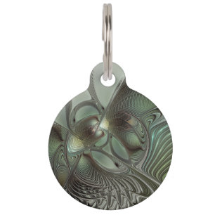 Placa Para Mascotas Arte de fantasía fractal gris verde oliva abstract