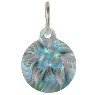 Placa Para Mascotas Arte de fractal de fantasía de mariposa azul verde