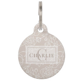 Placa Para Mascotas Arte de Línea Floral Beige | Mascota Perro Gato Pe