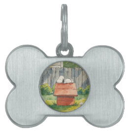 Placa Para Mascotas Arte de perro durmiendo en caseta roja en acuarela