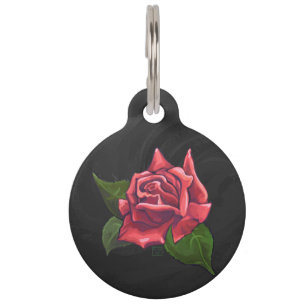Placa Para Mascotas Arte de rosa roja en negro