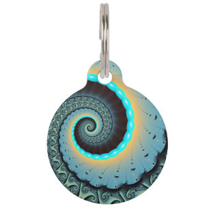 Placa Para Mascotas Arte en espiral fractal abstracto azul turquesa na
