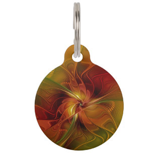 Placa Para Mascotas Arte floral fractal abstracto rojo naranja marrón 