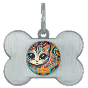 Placa Para Mascotas Arte folclórico mexicano abstracto de gato gatito