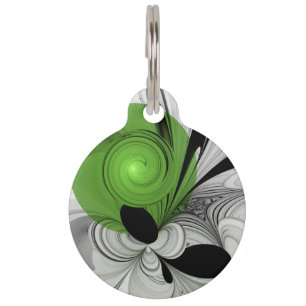 Placa Para Mascotas Arte fractal abstracto en blanco y negro con verde