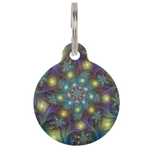 Placa Para Mascotas Arte fractal abstracto iluminado brillante turques