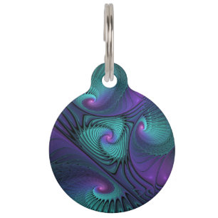 Placa Para Mascotas Arte fractal abstracto moderno de púrpura y turque