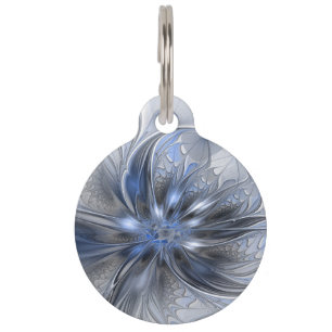 Placa Para Mascotas Arte fractal floral abstracto de acuarela gris azu