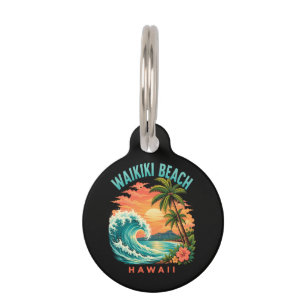 Placa Para Mascotas Atardecer tropical en la playa Waikiki Hawaii