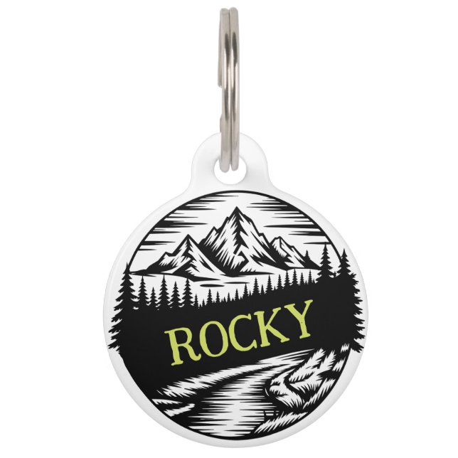 Placa Para Mascotas Aventura al Aire Libre Montaña Personalizada (Anverso)