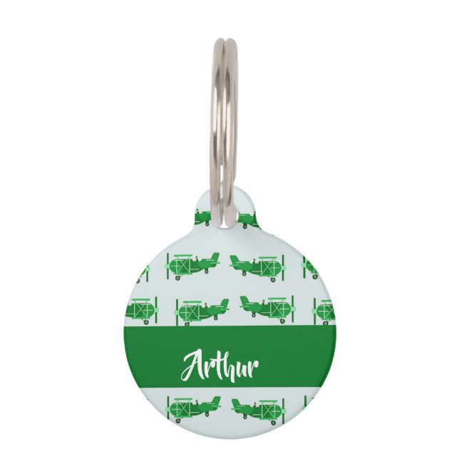 Placa Para Mascotas Aviones voladores verdes sobre azul (Anverso)