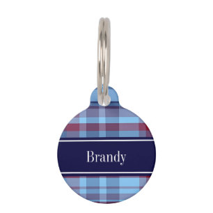 Placa Para Mascotas Azul Celeste Burgundy Navy Madras Preppy Monograma