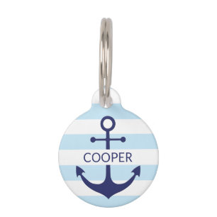 Placa Para Mascotas Azul claro y blanco rayas nombre personalizado náu