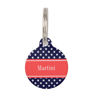 Placa Para Mascotas Azul Marino Blanco Lunares Coral Monograma de Nomb