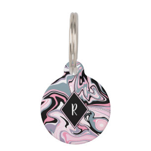 Placa Para Mascotas Azul negro púrpura rosado de mármol colorido