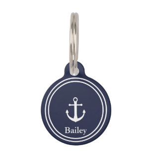 Placa Para Mascotas Azul y blanco náutico de medianoche con ancla y n