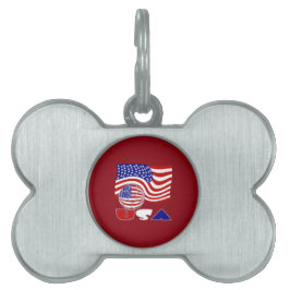 Placa Para Mascotas Bandera Americana Balón de Fútbol USA Fondo Rojo