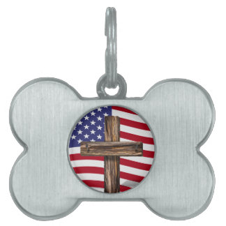 Placa Para Mascotas Bandera Americana y Cruz Rústica