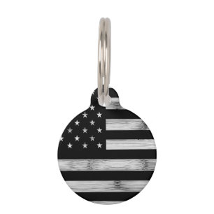 Placa Para Mascotas Bandera estadounidense Rustic Wood Black White Pat