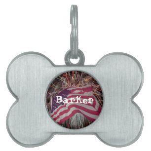 Placa Para Mascotas Bandera estadounidense y fuegos artificiales