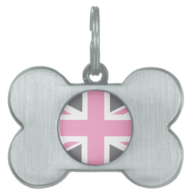 Placa Para Mascotas Bandera gris rosada de Union Jack Británicos (Frente)