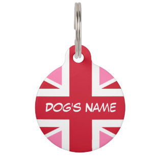 Placa Para Mascotas Bandera rosa del Reino Unido Redonda Etiqueta de m