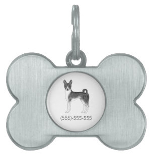 Placa Para Mascotas Basenji en negro y blanco y número de teléfono per