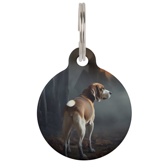 Placa Para Mascotas Beagle Halloween Espeluznante (Anverso)