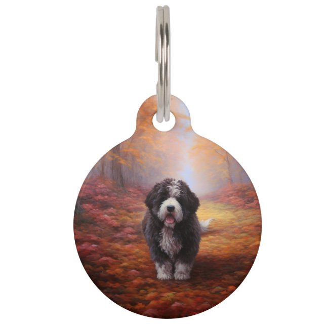 Placa Para Mascotas Bernedoodle en otoño se inspira la caída de las ho (Anverso)
