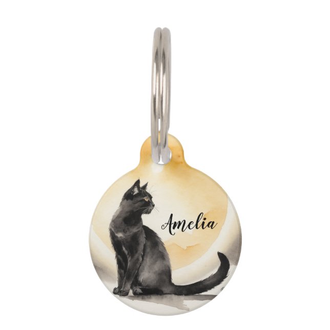 Placa Para Mascotas Black Cat Aquarell (Anverso)