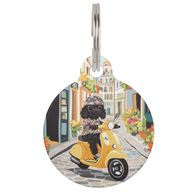 Placa Para Mascotas Black Doodle Riding Scooter European City Streets (Anverso)