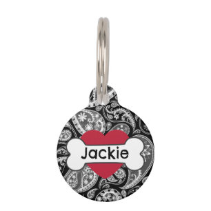 Placa Para Mascotas Black Paisley Heart Bone