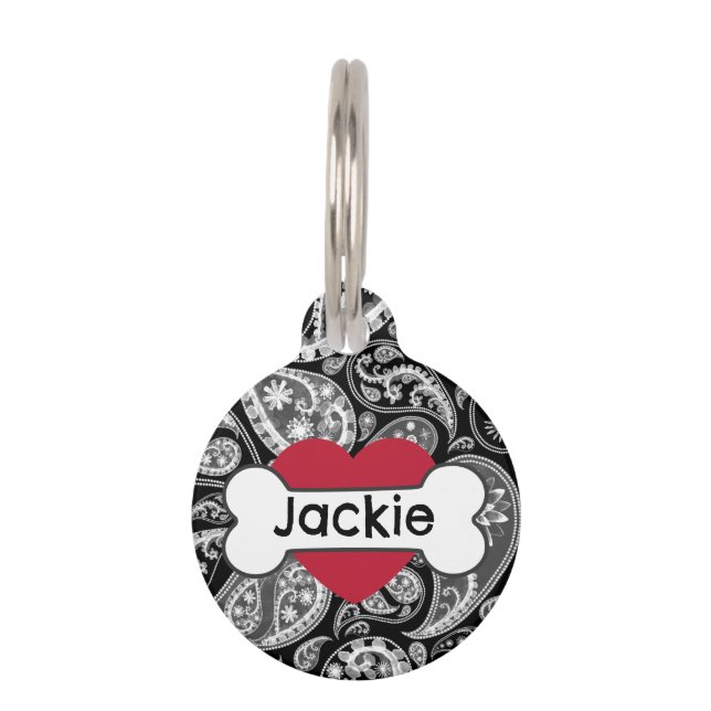 Placa Para Mascotas Black Paisley Heart Bone (Anverso)