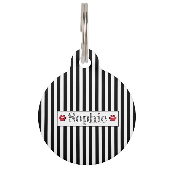Placa Para Mascotas Black White Stripes Red Personalizada Dog Cat Masc (Anverso)