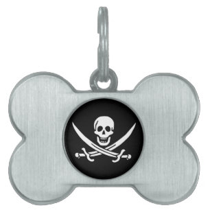 Placa Para Mascotas Blanco, Bandera Pirata Calico Jack, Calavera y Cuc