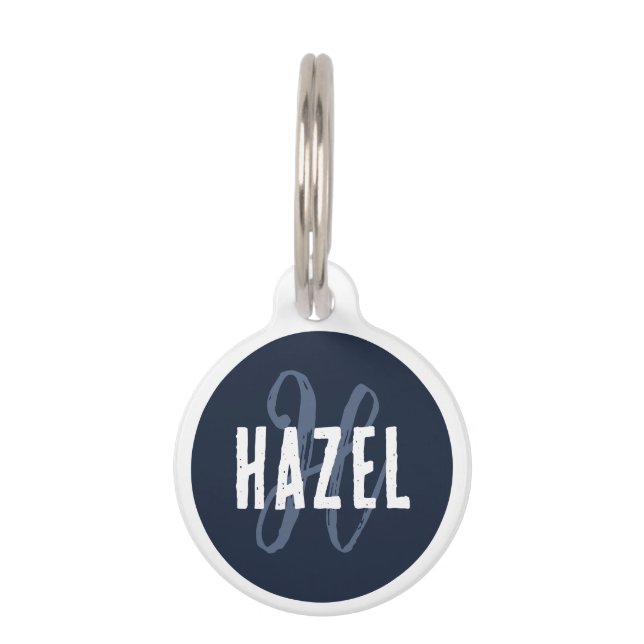 Placa Para Mascotas Blanco monogramado y azul marino (Anverso)