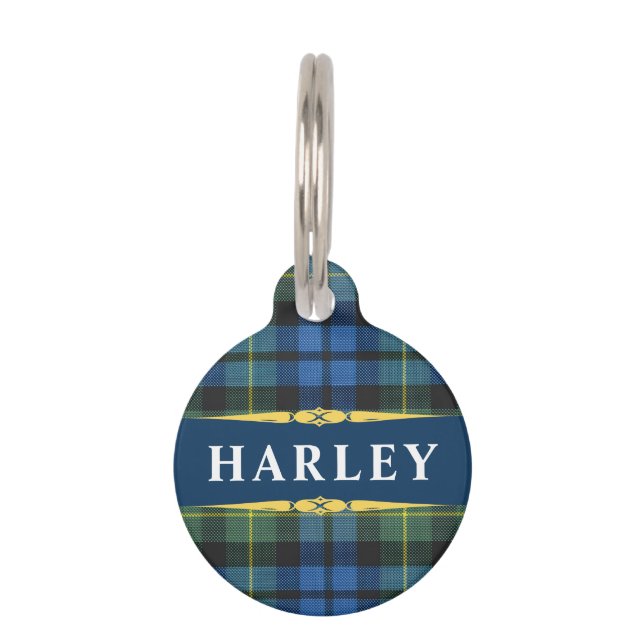 Placa Para Mascotas Blue Black Gold Tartan Plaid Personalized (Anverso)