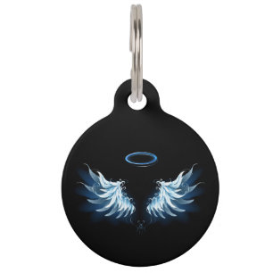 Placa Para Mascotas Blue Glowing Angel Wings on black background