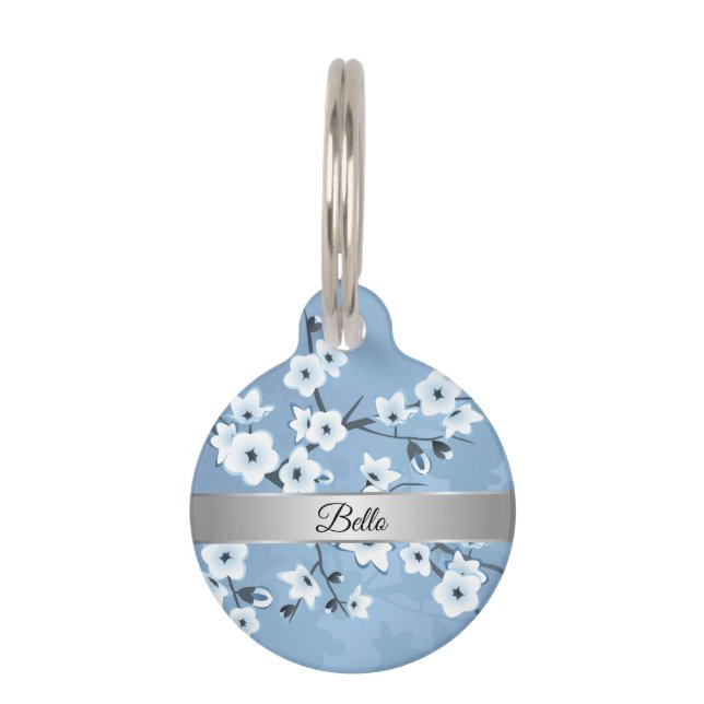 Placa Para Mascotas Blue White Cherry Blossom Silver (Anverso)