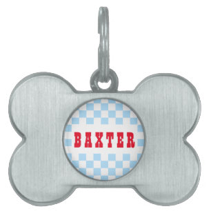 Placa Para Mascotas Blue White Retro Chequeado Perro Perro Perro Nombr