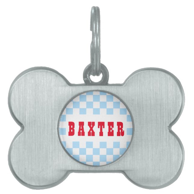 Placa Para Mascotas Blue White Retro Chequeado Perro Perro Perro Nombr (Frente)