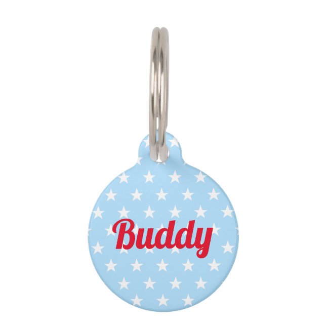 Placa Para Mascotas Blue White Stars Red Dog Puppy Cat Kitty Name Guay (Anverso)