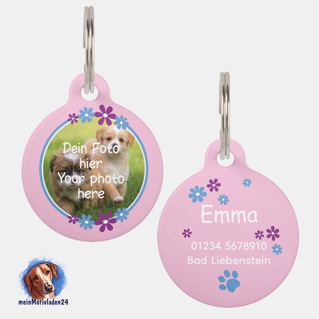Placa Para Mascotas Blumen blau lila | rosa Hundemarke  (Personalisierbare Rosa Haustiermarke mit Blumenumrandung, personalisierbar mit eigenem Foto und Text)