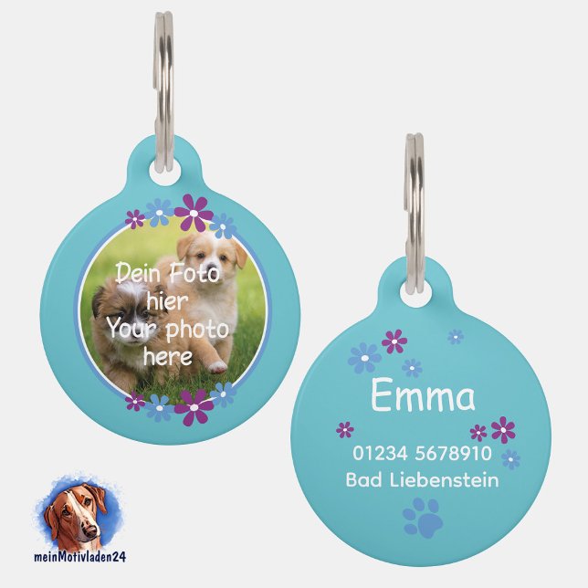 Placa Para Mascotas Blumen blau lila | türkis Hundemarke  (Foto-Haustiermarke mit Blumenumrandung, türkis, personalisierbar mit eigenem Foto und Text)