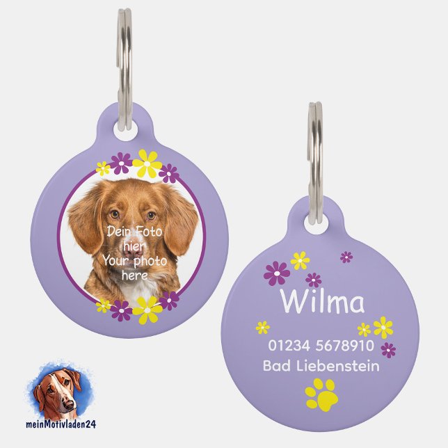 Placa Para Mascotas Blumen lila gelb | lila Hundemarke (Foto-Haustiermarke mit Blumenumrandung, lila, personalisierbar mit eigenem Foto und Text)