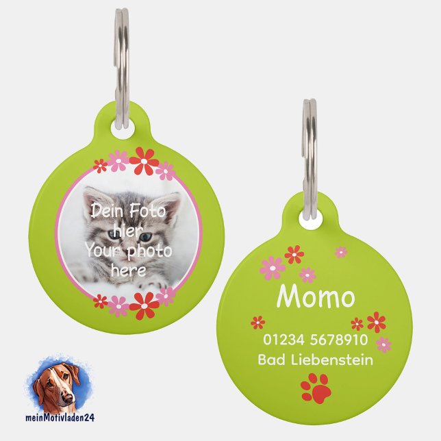 Placa Para Mascotas Blumen rosa rot | grüne Tiermarke  (Foto-Haustiermarke mit Blumenumrandung, grün, personalisierbar mit eigenem Foto und Text)