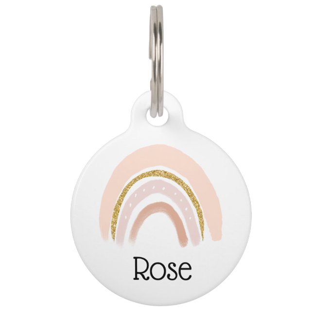 Placa Para Mascotas Boho elegante arcoiris rosa y dorado (Anverso)