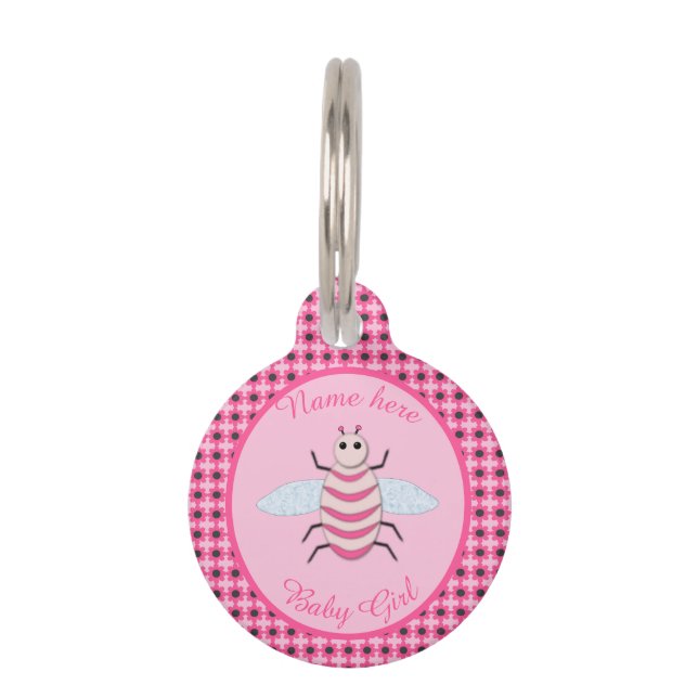 Placa Para Mascotas Bonito Bebé Rosa Bee Personalizado (Anverso)
